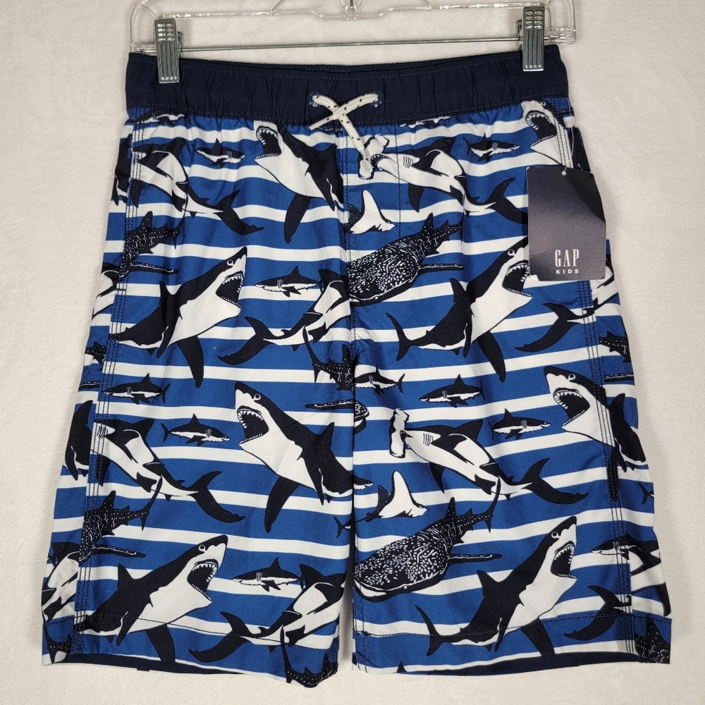 GAP Kid's Shark & Whale Print Swim Trunks in Blue and Black, Size L